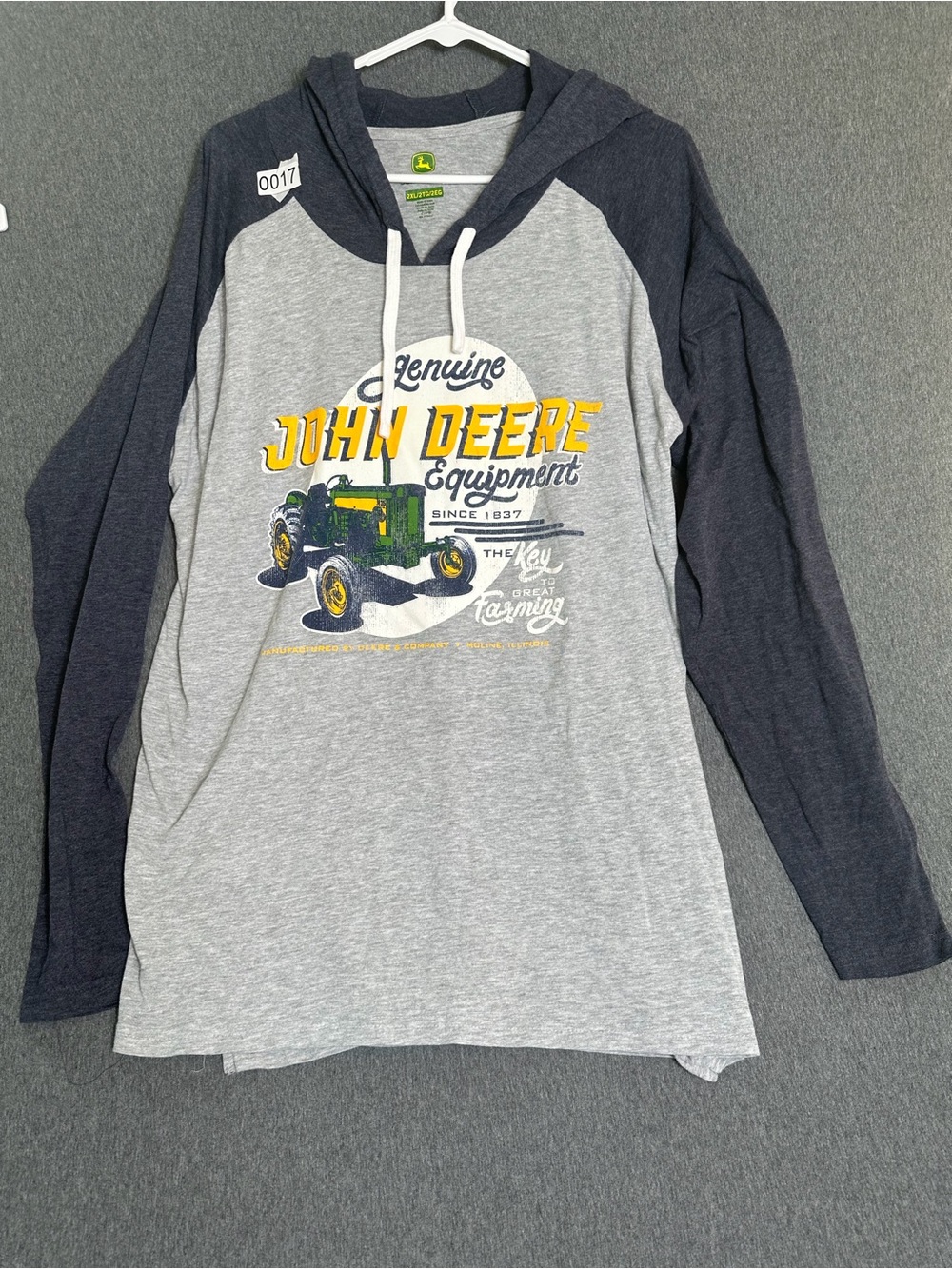 John Deere Gray and Dark Navy Raglan Hooded Tee with Tractor Graphic